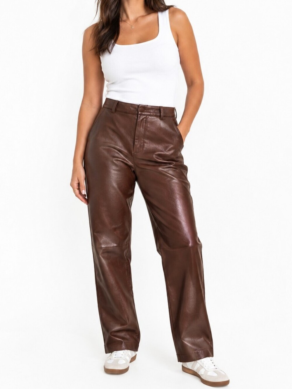Aritzia Babaton Command Vegan Leather Mid Rise Straight Leg Pants Brown Size 16.